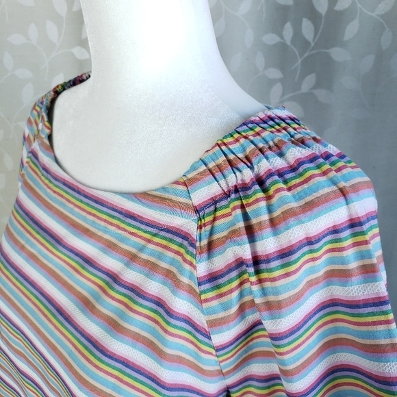 Talbots Pastel Rainbow Striped Puff Sleeve Peasant Top Medium Petite - Picture 8 of 15